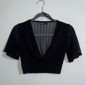 Aster Black Deep V Sheer Flutter Sleeve Crop Top
